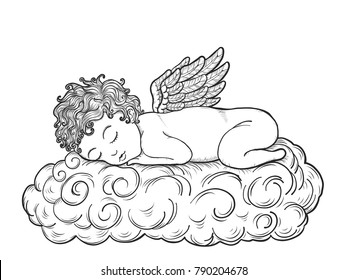 Cupid art highly detailed in line art style.Cupid vector by hand drawing.Boy tattoo on white background.Black and white angel in valentines day.Little boy sketch for coloring book.