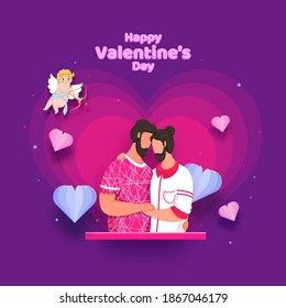 Cupid Attacking Gay Couple Character With Paper Cut Hearts On Pink And Purple Background For Happy Valentine's Day.