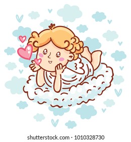 Cupid baby angel character with wings, bow and arrow on blue clouds background as Greeting Card. Cute romantic hand drawn love illustration art in cartoon, doodle style for Valentine Day