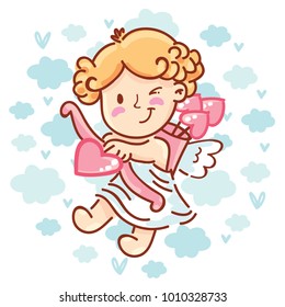 Cupid baby angel character with wings, bow and arrow on blue clouds background as Greeting Card. Cute romantic hand drawn love illustration art in cartoon, doodle style for Valentine Day