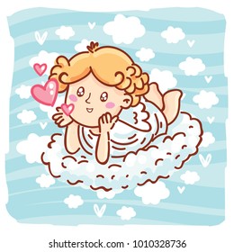 Cupid baby angel character with wings, bow and arrow on blue clouds background as Greeting Card. Cute romantic hand drawn love illustration art in cartoon, doodle style for Valentine Day