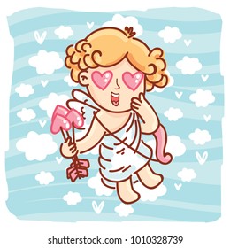 Cupid baby angel character with wings, bow and arrow on blue clouds background as Greeting Card. Cute romantic hand drawn love illustration art in cartoon, doodle style for Valentine Day