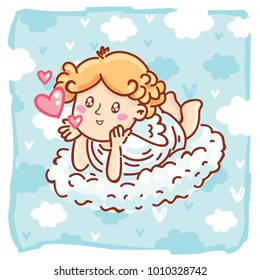 Cupid baby angel character with wings, bow and arrow on blue clouds background as Greeting Card. Cute romantic hand drawn love illustration art in cartoon, doodle style for Valentine Day