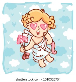 Cupid baby angel character with wings, bow and arrow on blue clouds background as Greeting Card. Cute romantic hand drawn love illustration art in cartoon, doodle style for Valentine Day