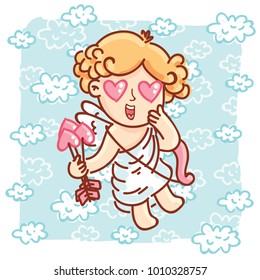 Cupid baby angel character with wings, bow and arrow on blue clouds background as Greeting Card. Cute romantic hand drawn love illustration art in cartoon, doodle style for Valentine Day