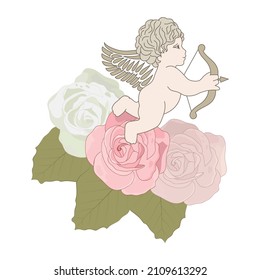 Cupid, baby angel and roses,  Valentines day related vector illustration