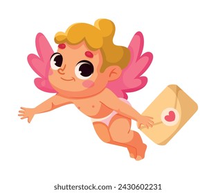 Cupid Baby Boy with Pink Wings Carry Letter in Envelope Vector Illustration