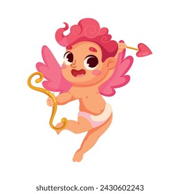 Cupid Baby Boy with Pink Wings with Bow and Arrow Vector Illustration