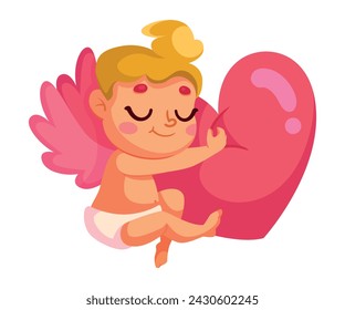 Cupid Baby Boy with Pink Wings Embrace Heart Vector Illustration