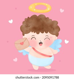 Cupid baby curly child boy angel cartoon with love letter valentines day: kawaii vector, Girly doodle. Series Fantasy children. Perfect illustration for Birthday party, card, nursery, kid decoration.