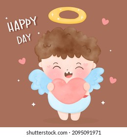 Cupid baby curly child boy angel cartoon hug heart valentines baby: kawaii vector, Girly doodle. Series Fantasy children. Perfect illustration for Birthday party, card, nursery, kid decoration.