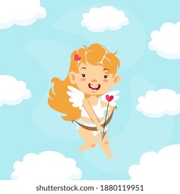 Cupid Baby Girl Angel Flying in Sky and Shooting with Bow, Adorable Angel Cherub Character Cartoon Vector Illustration