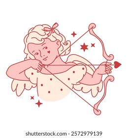 Cupid baby girl, holding a bow and arrow, surrounded by romantic stars. Coquette outline graphic print, celebrating love and relationships. Pastel pink wedding or Valentine's Day design element