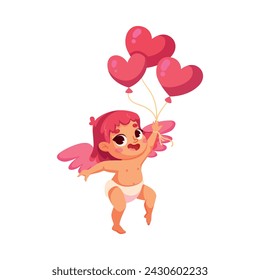 Cupid Baby Girl with Pink Wings with Balloon Vector Illustration