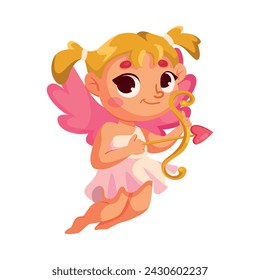 Cupid Baby Girl with Pink Wings with Bow and Arrow Vector Illustration