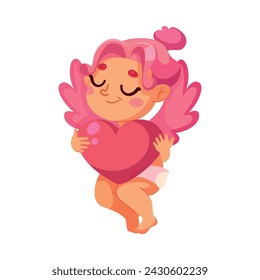 Cupid Baby Girl with Pink Wings Hold Heart Vector Illustration