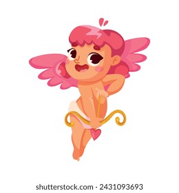 Cupid Baby Girl with Pink Wings with Bow and Arrow Vector Illustration