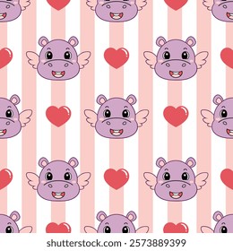 Cupid Baby Pygmy Hippo with red Heart Seamless Pattern. Vector illustration in cartoon style on a background with pink stripes.