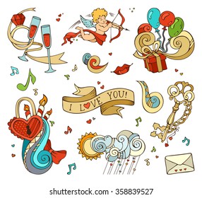 Cupid, balloons, music notes, clouds, sun, key and lock, chain, kiss,  letter, ribbon, ring, glass of wine, swirls.