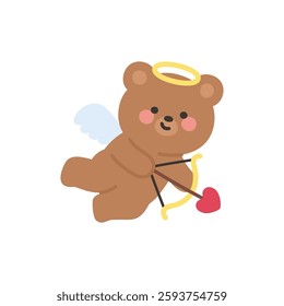 Cupid Bear Flying Aiming Heart Bow to the Right Side  Vector Illustration