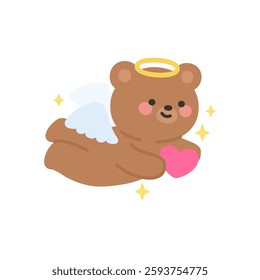 Cupid Bear Flying Holding Pink Heart with Sparkles Vector Illustration