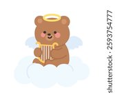 Cupid Bear Sitting on Cloud Playing Golden Lyre Vector Illustration