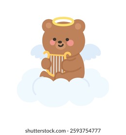 Cupid Bear Sitting on Cloud Playing Golden Lyre Vector Illustration