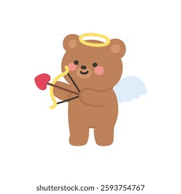 Cupid Bear Standing Aiming Heart Bow to the Left Side Vector Illustration