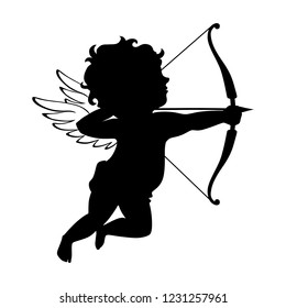 Cupid black silhouette. Valentines day symbol. Vector cupid shooting arrow. Vintage cupid illustration on white background.