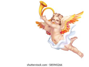 Cupid Blowing a post horn on a white background