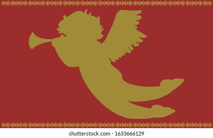 Cupid blows angel trumpet red and gold silhouette