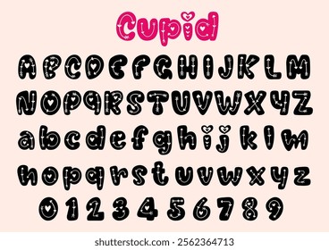 Cupid Bold Font Alphabet, Cupid's Arrow of Valentine Font Alphabet, letter of alphabet set, Valentine's Day theme, Typography typeface uppercase lowercase and number, Vector illustration