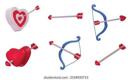 Cupid bow and arrow. 3D heart shaped target, love arrows and romantic bows, glossy hearts couple. Valentines Day archery realistic isolated vector set.