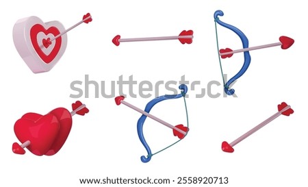 Cupid bow and arrow. 3D heart shaped target, love arrows and romantic bows, glossy hearts couple. Valentines Day archery realistic isolated vector set.