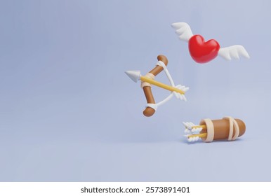 Cupid bow with arrow aims, flying heart with wings, quiver with arrows 3D plastic style vector render composition. Cartoon love symbol, amour target. Volume archery weapon, hunting equipment