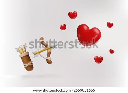 Cupid bow with arrow aims for the heart heart 3D plastic style icon. Cartoon love symbol, amour target. Volume archery weapon, hunting equipment. Vector render illustration isolated on white