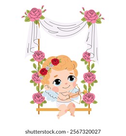 Cupid with bow and arrow. Charming cupid on a swing. Valentine's Day element. Flat illustration for print, greeting card, poster.