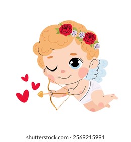 Cupid with bow and arrow. Charming cupid. Valentine's Day element. Flat illustration for print, greeting card, poster.