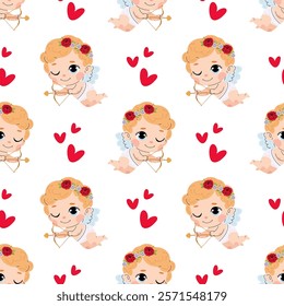 Cupid with bow and arrow. Charming cupid. Valentine's Day seamless pattern for textile, wrapping paper, background.