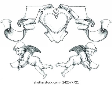 Cupid with bow and arrow, design elements for  Valentine`s  Day