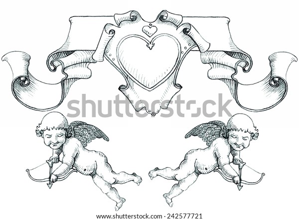 Cupid with bow and arrow, design elements for \
Valentine`s  Day