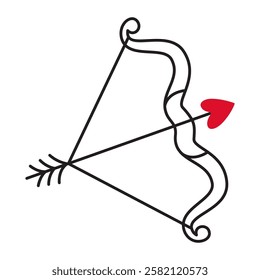 Cupid bow with an arrow doodle style Hand drawn trendy flat style love isolated icon Romantic symbol of love for web graphic design poster tattoo Valentines Day card line art Vector illustration