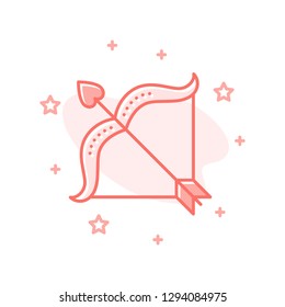 Cupid Bow with arrow flat cartoon style concept. Simple sign of Love. Valentine day icon. Cute color symbol for print, social media post, web banner, card design. Vector Illustration isolated on white