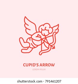 Cupid with bow and arrow flat line icon. Valentines day celebration sign.