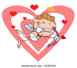 Cupid with Bow and Arrow Flying In Front Of A Heart
