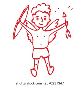 Cupid with bow and arrow. Hand drawn doodle style illustration. Red contour isolated on a white background. Valentine s Day, wedding, anniversary, greeting cards, invitations, stickers, web design