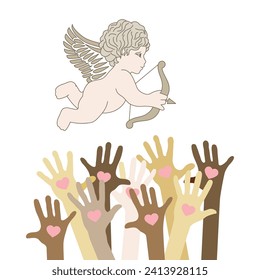 Cupid with bow and arrow and the hands of people