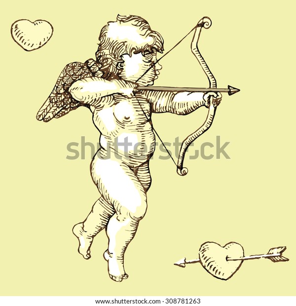 Cupid with bow,\
arrow and heart, sepia color,  vintage vector design element for\
saint ValentineÃ?Â´s day