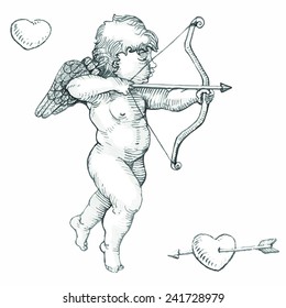 cupid with bow, arrow and heart. vintage vector design element