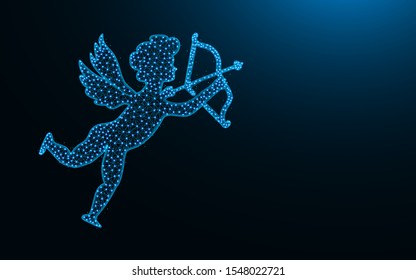 Cupid with bow and arrow low poly design, Angel of Love abstract geometric image, wireframe mesh polygonal vector illustration made from points and lines on dark blue background